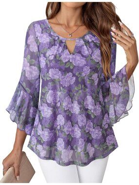 Women's Shirt Violet Ruffle 3/4 Sleeve Blouses Glitter Cocktail Party Top